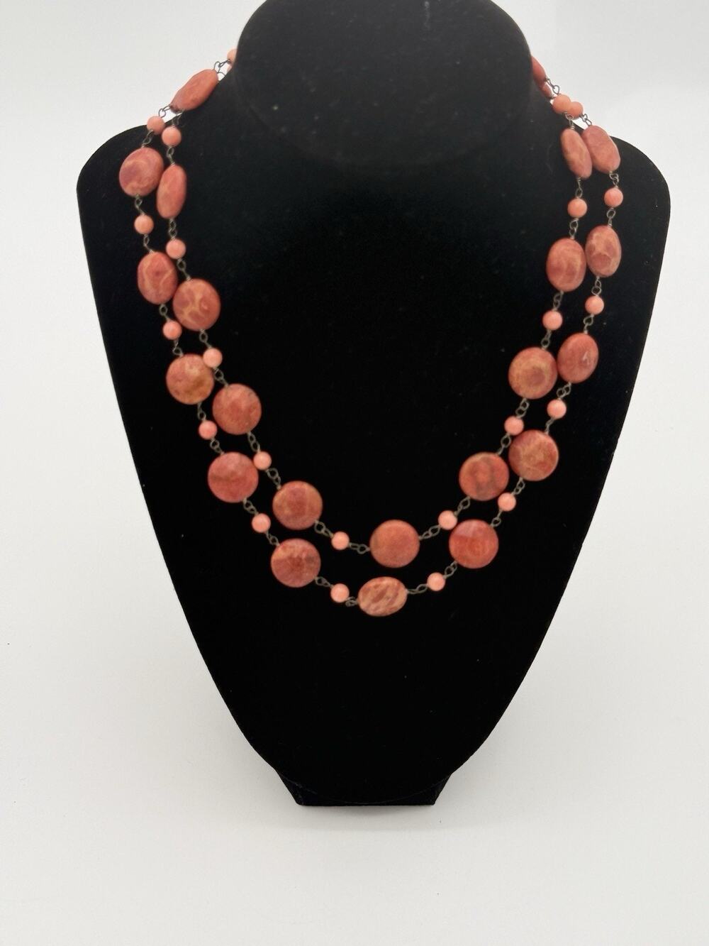 Vintage 925 Sterling Silver Double Strand Sponge Coral Coin Bead Boho Necklace